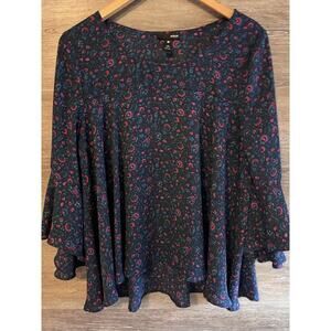 Aqua floral blouse asymmetrical size Medium Top Long Flare Bell Sleeves